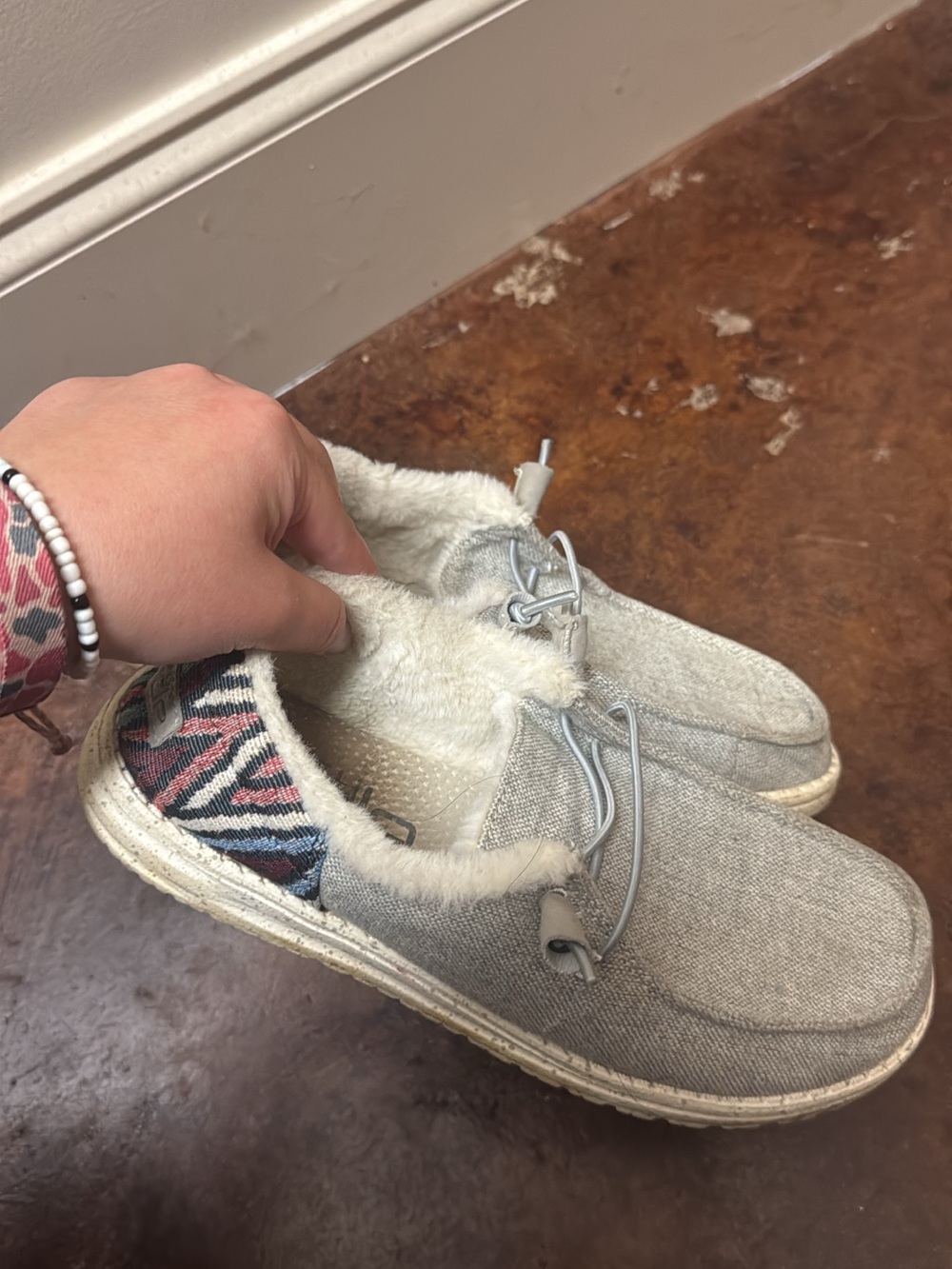Hey Dude Women's Light Gray Slip-On Slippers with Aztec Heel Accent